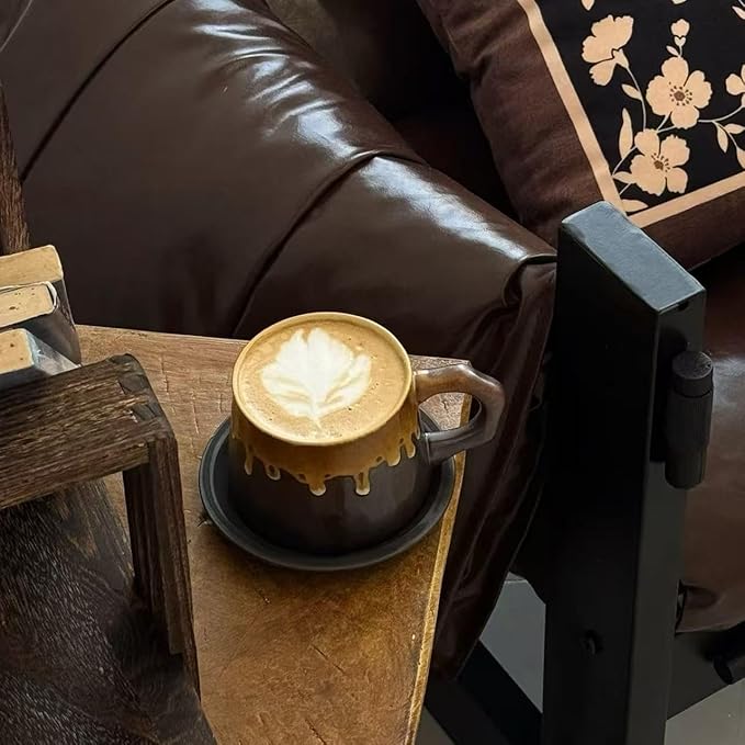 10oz Unique Vintage Retro Handmade Ceramic Cappuccino Barista Cup with Saucer –Rustic Stoneware Coffee Mug, Lead-Free Latte Art Mug，Handmade ceramic cappuccino cups or tea cup, Brown