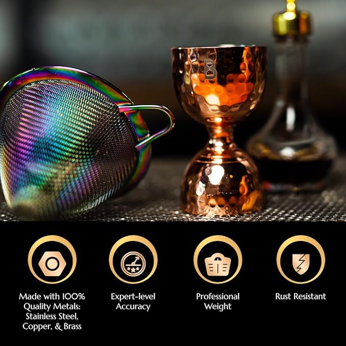 Hammered Bell Jigger by Bull In China - Premium Stainless Steel with 0.25oz to 2oz Measures for Cocktails, Bars & Bartenders