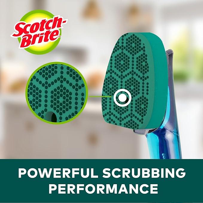 Scotch-Brite Advanced Soap Control Heavy Duty Dishwand Full Kit with 6 Heavy Duty Scrub Dots Refills, Leak-Free Soap Dispensing, Non-Slip Handle, Tough Scrubbing for Kitchen Dishes, Pots & Pans