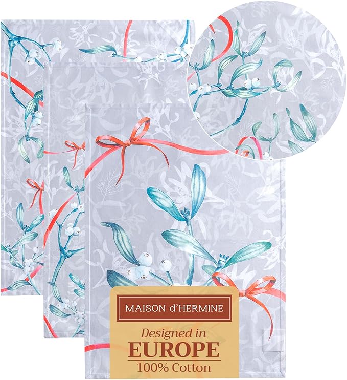 Maison d' Hermine Kitchen Towels Set of 3 100% Cotton 20" x 27.5" Reusable Cloth Tea Dish Towels Absorbent with Hanging Loop for Kitchen Dining Thanksgiving Christmas Decorations (Enora)