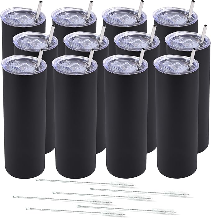 Dongni Skinny Tumbler with Lid 20 oz Stainless Steel Vacuum Insulated Double Wall Travel Coffee Water Tumblers Cup (Black 12pack)