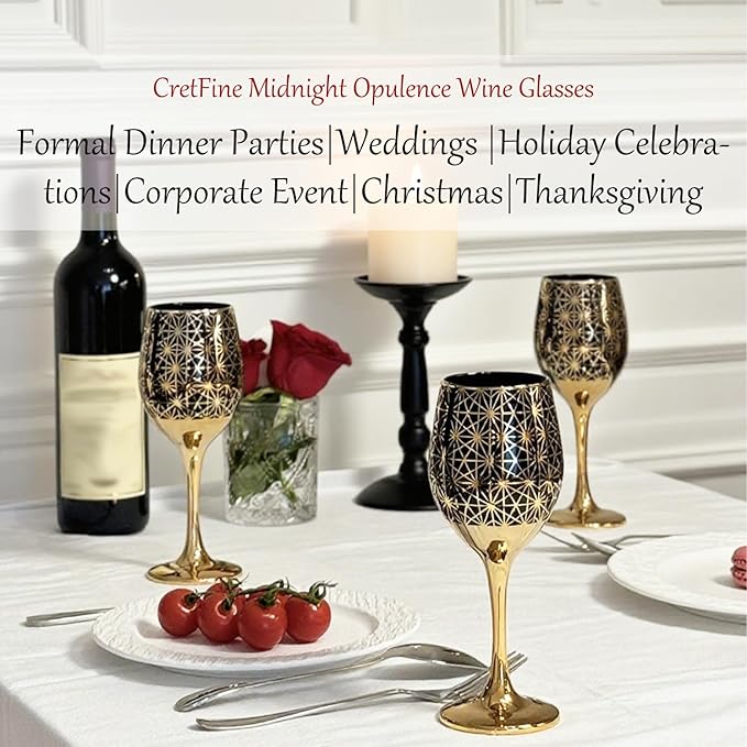 Gold Rim Wine Glasses - 12oz Black and Gold Long Stem Set for Fall, Thanksgiving, Christmas, Housewarming or Birthday Gift (Black, Set of 6)