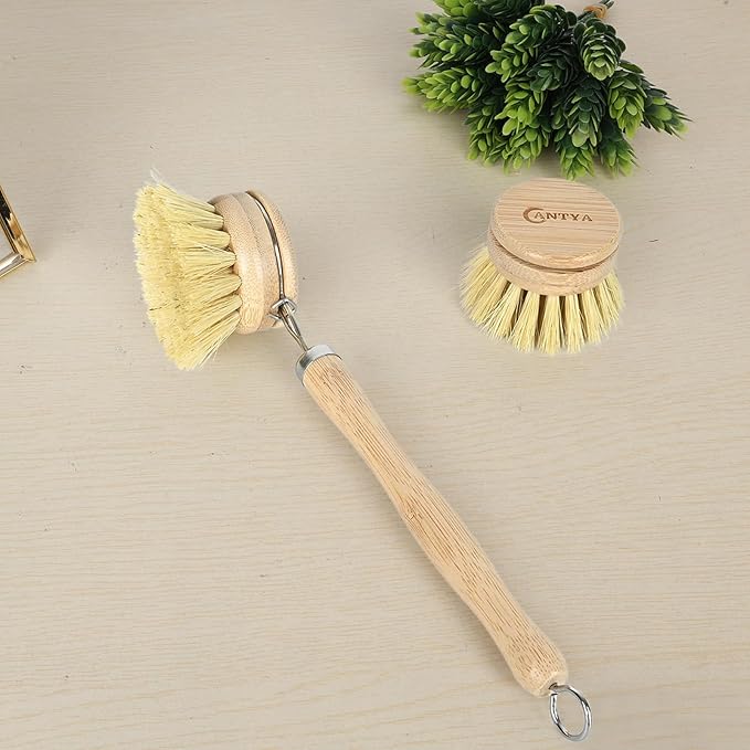 Bamboo Dish Brush with Handle 4 Replacement Heads, Eco Friendly Vegetable Scrubber, Compostable & Sustainable, Bamboo Dish Scrubber Brush for Cleaning Kitchen Utensils(Soft Bristles)