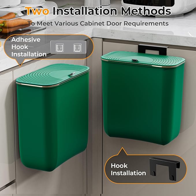2.4 Gallon Hanging Trash Can - Small Under Sink Trash Can with Lid, Wall Mounted Compost Bin for Kitchen Cupboard Countertop, Odor-Control, Extended Clamping Ring, PET Material, Green