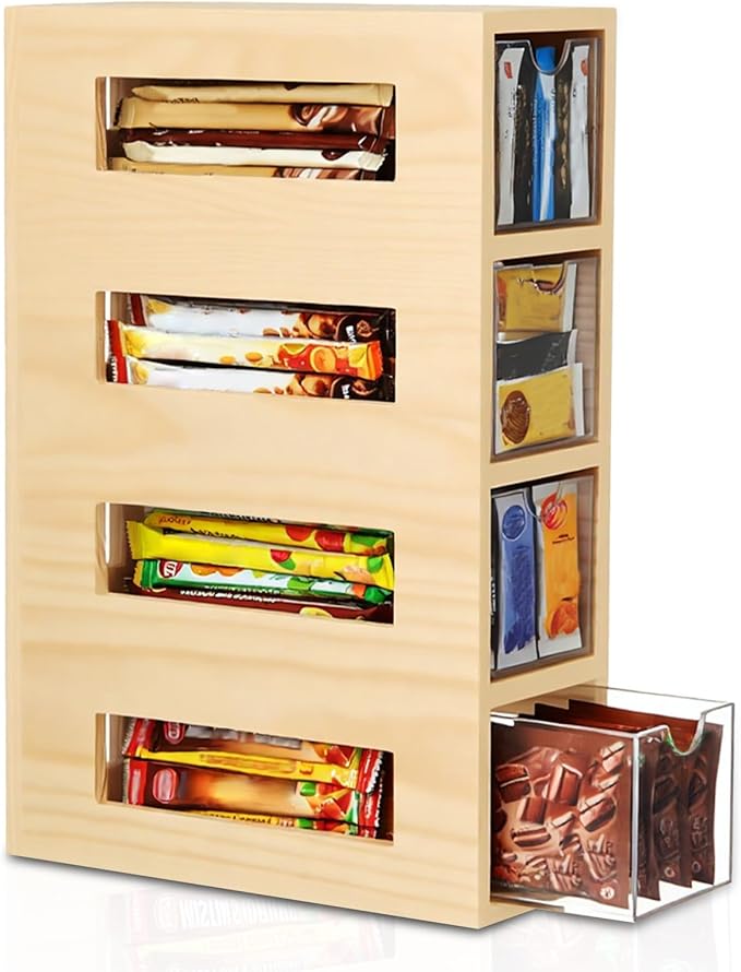 Novabright Drink Packet Organizer 4 Drawers Tea Bag Organizer Wood and Acrylic 11 x 7 x 3 Inches Water Flavor Packets Storage Holder for Kitchen Countertop Home Table Pantry Organization