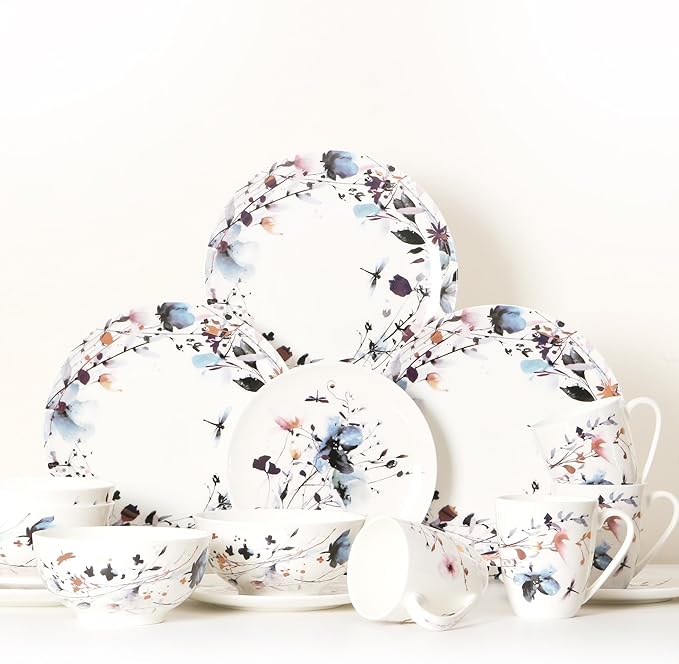 KOKEN Blue Dragonfly Ceramic Dinnerware Set - 4 Piece Plates and Bowls, Microwave Safe