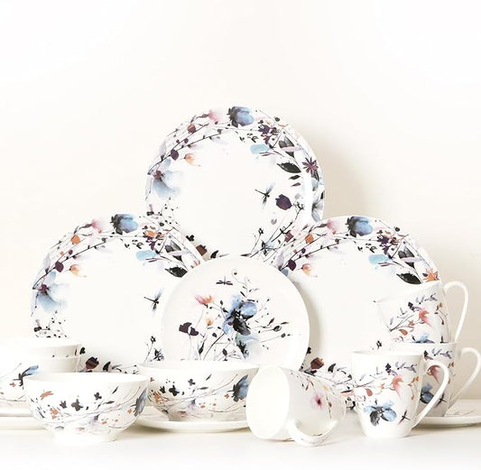 KOKEN Blue Dragonfly Ceramic Dinnerware Set - 4 Piece Plates and Bowls, Microwave Safe
