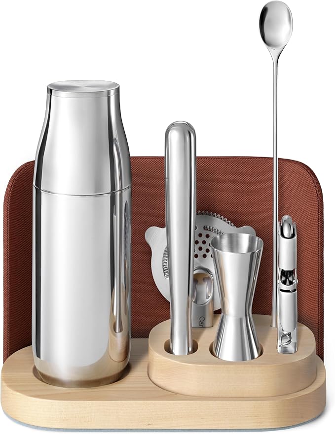 Caraway 9-Piece Complete Bar Set - Cocktail Shaker, Jigger, Muddler, Wine Key, Strainer, Bar Spoon, Storage Organizer, Magnetic Backer - Bartender Accessories - Home Bartending - Manhattan Red