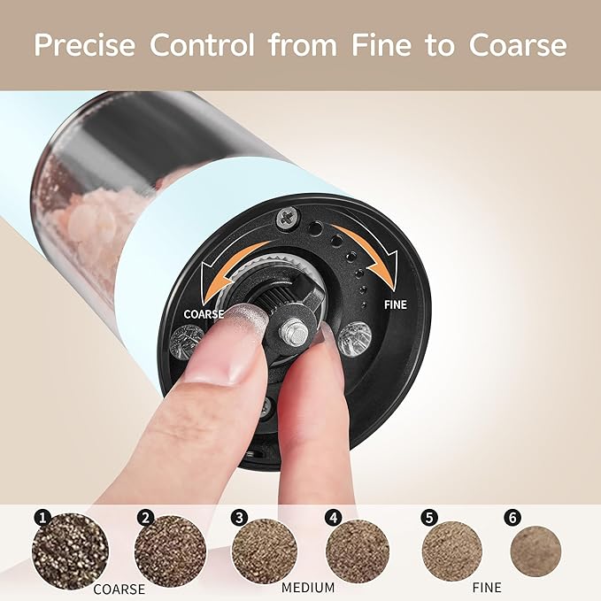 Gravity Electric Salt and Pepper Grinder Set 2-Pack - USB-C Rechargeable Base, Auto LED Light for BBQ/Camping, Adjustable Coarseness & Large Capacity - Stainless Steel (Morning Haze)