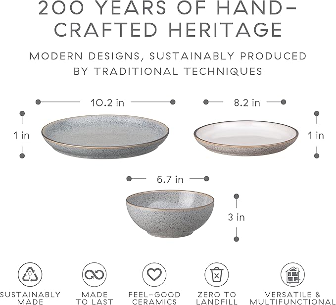 Denby - Studio Grey & White Dinner Set For 4-12 Piece Ceramic Stoneware Tableware Set - Dishwasher Microwave Oven Safe - Scratch Chip Resistant