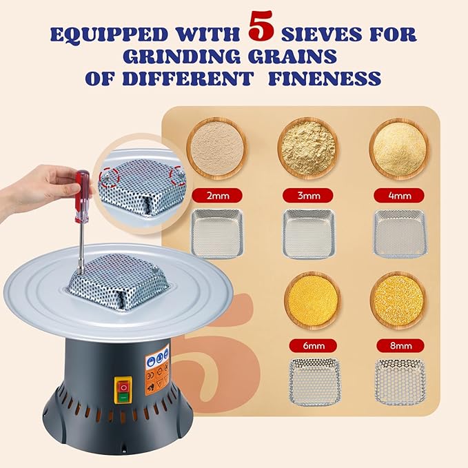 Moongiantgo Grain Mill Grinder Electric Corn Grinder 1300W Feed Mill Dry Cereals Grinder Detachable 13.2 Gal Bucket & Hopper, with 5 Sieves + 1 Socket Wrench, Molino de Maiz, 110V (50L)