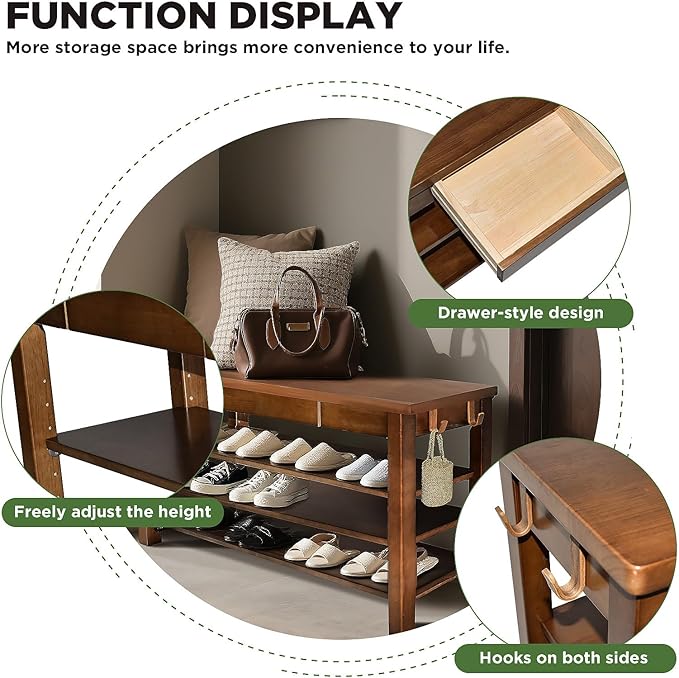 Shoe Storage Bench Wood Entryway: Shoe Rack Bench with Drawer 3-Tiers Height Adjustable,Rustic Wooden Organizer for Front Door Entrance Hallway Living Room,Mudrooms (Walnut 3-Tiers, 31.5")