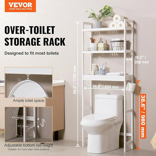 VEVOR Over The Toilet Storage, 3-Tier Adjustable Over Toilet Bathroom Organizer, Bamboo Storage Shelf Rack with 3 Hooks, Freestanding Easy Assembly Laundry Space Saver, Fit Most Toilets, White