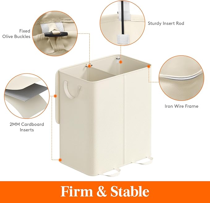 Lifewit Double Laundry Hamper with Lid and Removable Laundry Bags, Large Collapsible 2 Dividers Dirty Clothes Basket with Handles for Bedroom, Laundry Room, Closet, Bathroom, College, 155L Ivory White