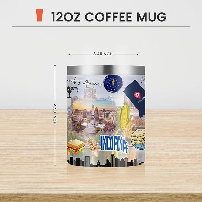 12oz Coffee Mug Indiana State Insulated Coffee Cups, United States Map Travel Mug Landmark, Birthday Gifts Cute Mugs with Lid and Straw Mothers Day Gifts
