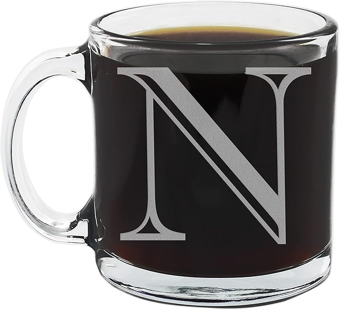 Spotted Dog Company Etched Monogram 12oz Clear Glass Coffee Mug (Letter N), A-Z Customized Coffee Gifts, Custom Engraved Gifts for Women Her, Personalized Gift for Men, Initial