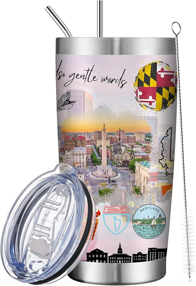20oz Insulated Tumbler Maryland State Coffee Mug, United States Map Travel Mug Landmark, Birthday Gifts Cute Custom Tumbler Cups with Lid and Straw Mothers Day Gifts