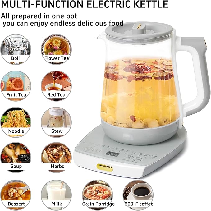Health pot, Office, Household, Electric Kettle with Infuser, Temperature Control,12 Functional Procedures for Fruit, Flower Tea & Coffee, Glass Large 1.8 Liters of Capacity，Grey