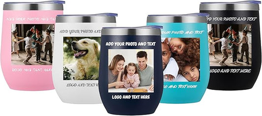 48 Pack Personalized Wine Tumbler,12oz Custom Stainless Steel Coffee Mug,Tumblers with Lids,Customizable with Picture and Names Engraving,Suitable for Woman,Men,Families and Travel