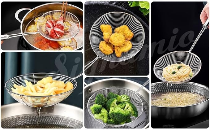 Diameter 14 cm Stainless Steel Deep Fry Net Spoon Oil Strainer for Kitchen - Frying Spoon for Puri & Poori Strainer Kitchen Utensil for Frying, Cooking & Straining Tool Steel Handle