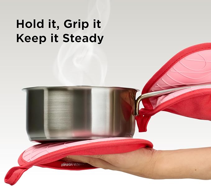 Kitchen Mama Silicone Pot Holders - Heat Resistant, Non-Slip Surface, Dual Pocket Design with Soft Cotton Lining, Safe, Durable, Stylish, Practical for Everyday Use Hot Oven, Bowl, Pan (Red)