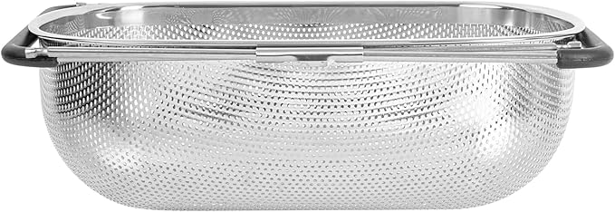 Restaurantware Colander 1 Count 5.5 qt Dishwasher-Safe Stainless Steel Coarse Mesh Colander with Over-The-Sink Expandable Handles Kitchen Strainer Basket for Pasta, Fruits, and Vegetables