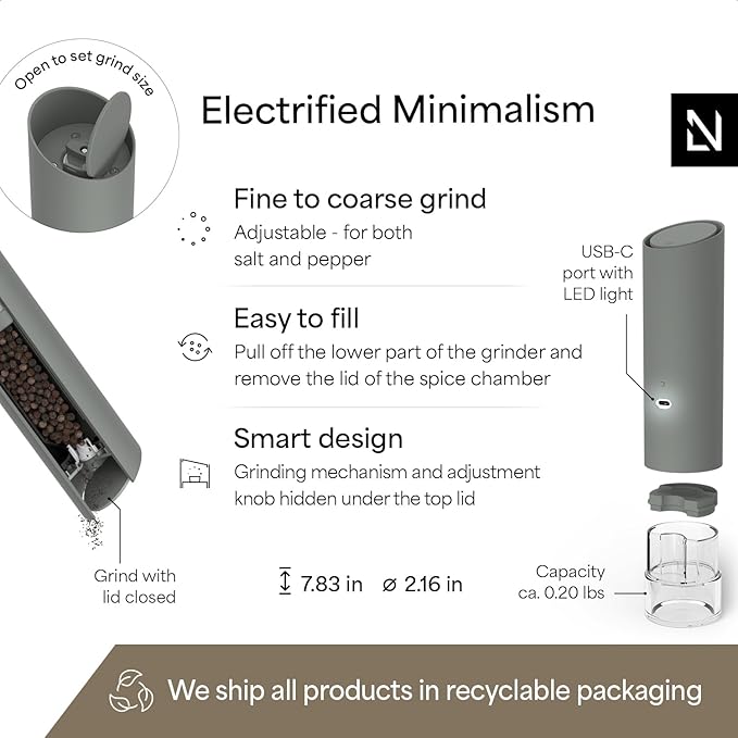 LARS NYSØM Gravity Grinder - Electric Salt & Pepper Grinder Set - USB-C Rechargeable Automatic Spice Grinder, Adjustable Coarseness, One-Handed Operation for Kitchen (Ash Gray)