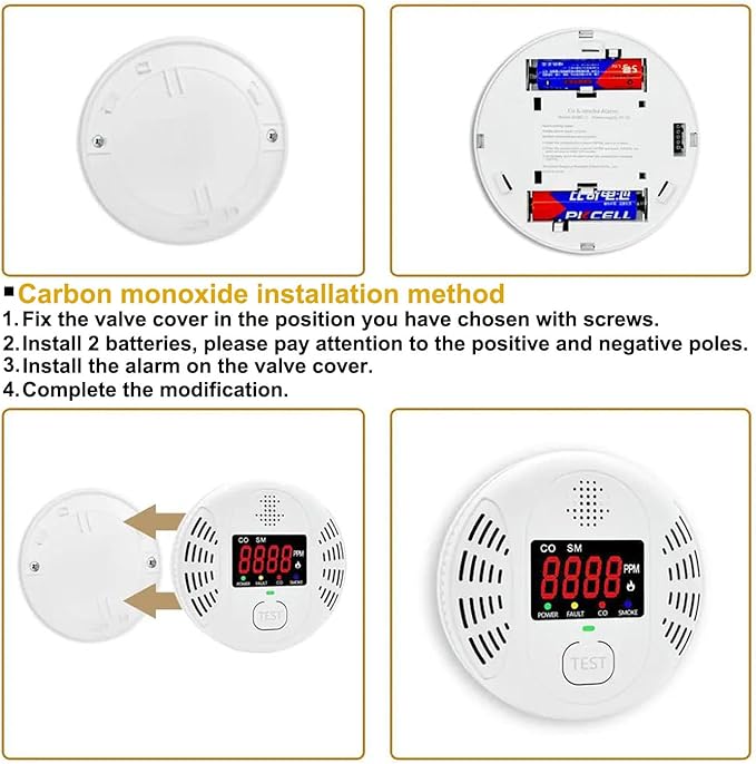 Carbon Monoxide and Smoke Detector Equipped with LCD Display, Battery Powered, Dual Sensor Alarm, 85dB Voice Alarm and Real-time CO Tracking, Suitable for Home/Kitchen/Bedroom/RV 4Pack