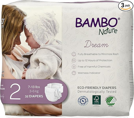 Bambo Nature Hypoallergenic Dream Baby Diapers, Premium Eco-Labeled Sustainable Diapers, Enhanced Leakage Protection, Totally Chlorine-free, Skin Friendly, and Super Absorbent - Size 2 (96 Count)