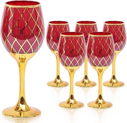 Red and Gold Wine Glasses Set of 6, Colored Stemmed and Rimmed Decorative Fancy Drinking Glass, for Gifts, Wedding, Thanksgiving, Birthday, Christmas Goblets Glassware Drinkware, 12oz