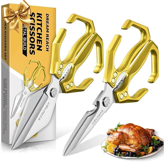 Dream Reach Kitchen Scissors Heavy Duty Kitchen Shears for Food, Meat Scissors Dishwasher Safe, Poultry shears Set for Turkey, Meat, Seafood, Bone Cutting - Christmas Gifts for Men (Golden)