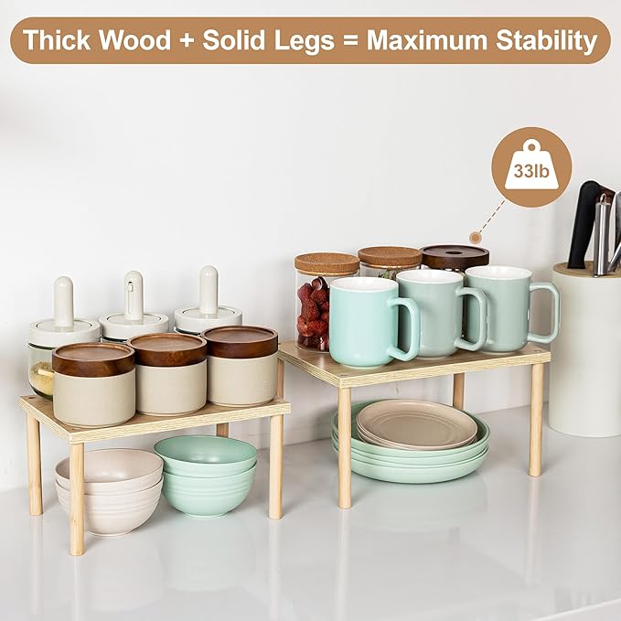 Wood Cabinet Organizer Shelf, Set of 4 Kitchen Counter Shelves, Stackable Spice Organization for Cabinet, Pantry Cupboard Dish Mug Cup Storage Shelf