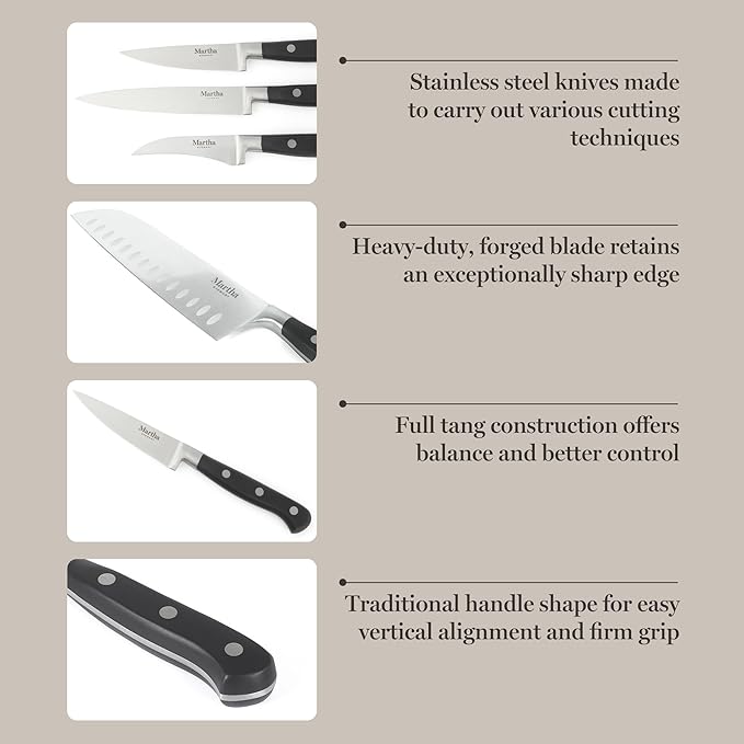 Martha Stewart Carverton 15 Piece High Carbon Stainless Steel Cutlery Kitchen Knife Block Set w/ABS Triple Riveted Forged Handle Wood Block - Black