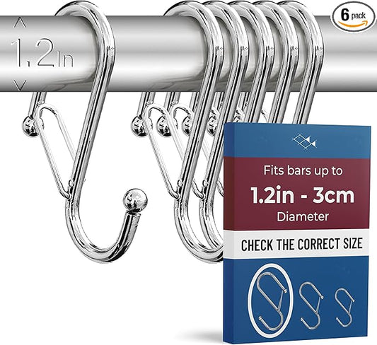 6-Pack Metal S Hooks for Hanging – Heavy-Duty S-Shaped Hook with Safety Buckle – Fits Bars up to 1.2 in – Anti-Drop S-Hooks for Closet, Wardrobes & Storage – Silver (Large)