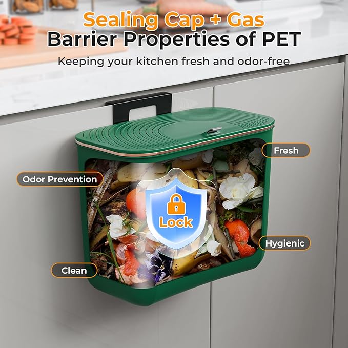 1.9 Gallon Hanging Trash Can - Small Under Sink Trash Can with Lid, Wall Mounted Compost Bin for Kitchen Cupboard Countertop, Odor-Control, Extended Clamping Ring, PET Material, Green
