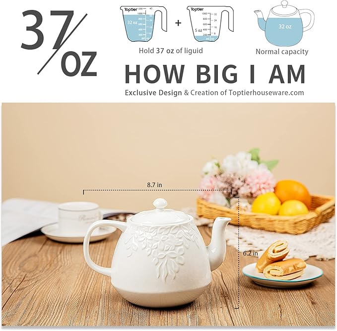 Toptier Leaf Teapot, Porcelain Tea Pot with Stainless Steel Infuser, Blooming & Loose Leaf Ceramic Teapot, 37 Ounce, White