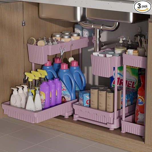 3 Pack Multi-Purpose Under Sink Organizers and Storage, 2025 L-Shaped Pull Out Cabinet Organizer for Bathroom & Kitchen, Under Cabinet Organizer with Hooks Hanging Cup, Pink, 14.85 inch