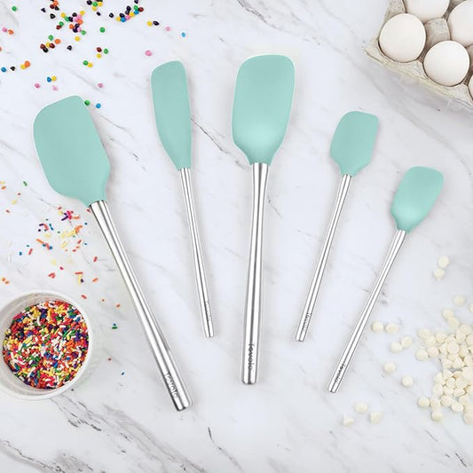Tovolo Stainless Steel Handled Silicone Spatula Set of 5, Dishwasher Safe Kitchen Spatula Set for Cooking Baking, BPA Free Silicone Spatula set with Metal Steel Handle, Aqua Seafoam Green