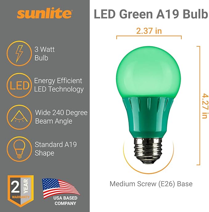 Sunlite 80146 LED A19 Colored Light Bulb, 3 Watts (25w Equivalent), E26 Medium Base, Non-Dimmable, UL Listed, Party Decoration, Holiday Lighting, 1 Count, Green (Pack of 2)