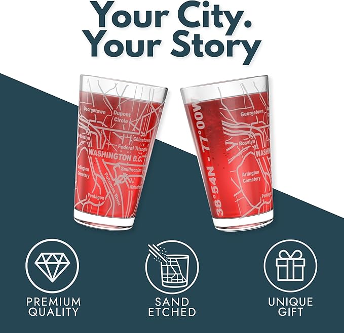 Greenline Goods – Washington, DC Map Pint Beer Glasses (Set of 2), 16 oz – Etched Wrap Design