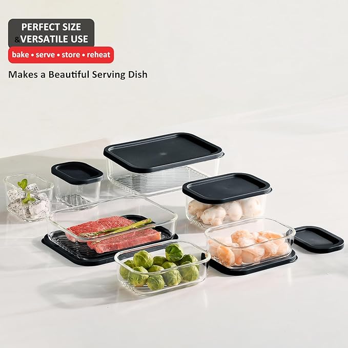EATEX 14 Pack Glass Meal Prep Containers with Grooved Base, 14 Stackable BPA Free Glass Storage Containers with Lids for Lunch, Pantry, and Kitchen - Microwave, Dishwasher Freezer & Oven Safe - Black