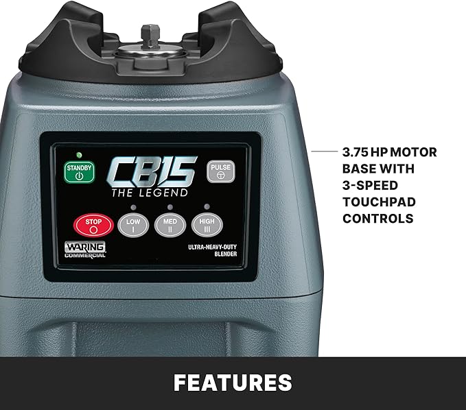 Waring Commercial CB15 Ultra Heavy Duty 3.75 HP Blender, Electric Touchpad Controls with Stainless Steel 1 Gallon Container, 120V, 5-15 Phase Plug,Black