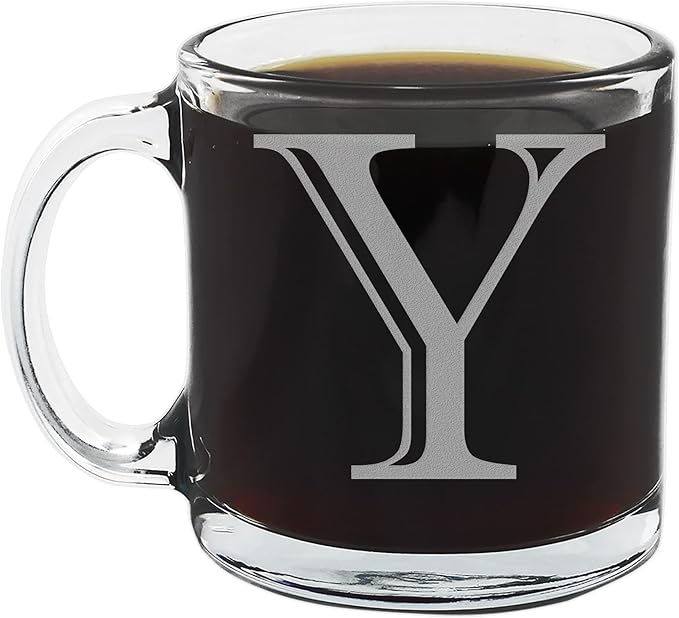Spotted Dog Company Etched Monogram 12oz Clear Glass Coffee Mug (Letter Y), A-Z Customized Coffee Gifts, Custom Engraved Gifts for Women Her, Personalized Gift for Men, Initial