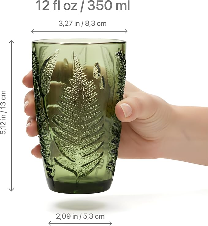 Green Drinking Glasses Set Of 4-12 Oz Hand Blown Vintage Drinking Glasses, Boho Aesthetic Antique Glassware, Colored Cute Glass Cups, Textured Highball Water Tumbler, Unique Retro Drinkware Gift