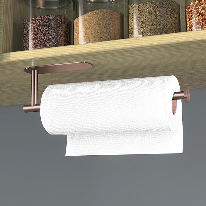 VAEHOLD Adhesive Paper Towel Holder Under Cabinet Wall Mount for Kitchen Paper Towel, Black Paper Towel Roll Holder Stick to Wall, Stainless Steel (Rose Gold)