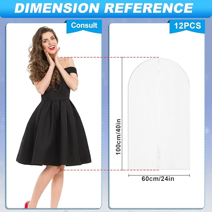 Sintuff 12 Pcs 24'' x 40'' Clear Garment Bags Bulk Clear Hanging Clothes Cover with Full Zipper Hanging Travel Garment Cover Bags for Clothes Storage