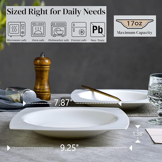 6-piece white bone china dinner plate set, 9.5 inches, square soup plate