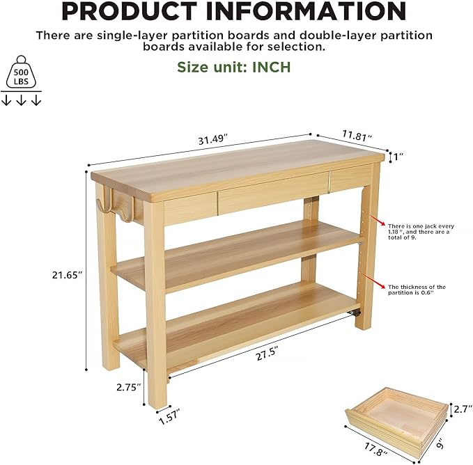 Shoe Storage Bench Wood Entryway: Shoe Rack Bench with Drawer 3-Tiers Height Adjustable,Rustic Wooden Organizer for Front Door Entrance Hallway Living Room,Mudrooms (Natural 2-Tiers, 31.5")