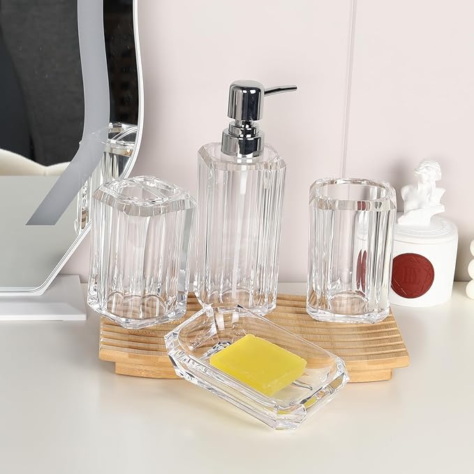 Clear Bathroom Accessories Set, Bathroom Accessories Set, 4 Pcs Acrylic Bathroom Accessories Sets Hand Sanitizer Bottle, Lotion Can, Separate Bottle, Soap Box, Toothbrush Cup(Clear)