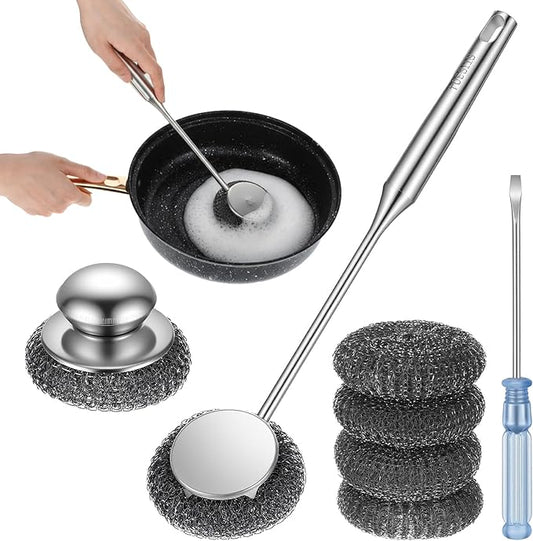 8 Pack Stainless Steel Scrubber with Handle Brush Set, 1 Long Brushes,2 Short Brushes,4 Wire Sponge Pads,1 Screwdriver for Cleaning Pots, Pans, Grills, BBQ, Dishes and Sink, Home Cooks